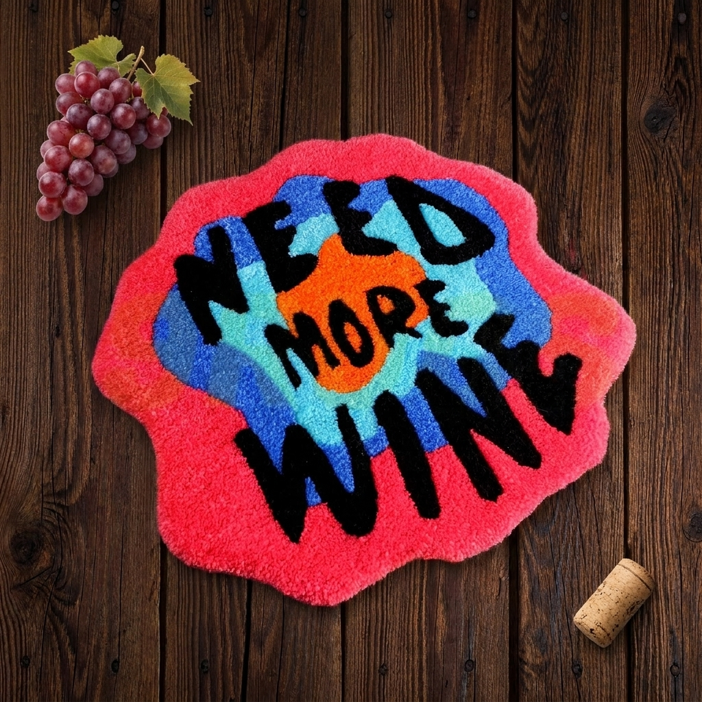 Need More Wine Rug on rustic wood, themed styling