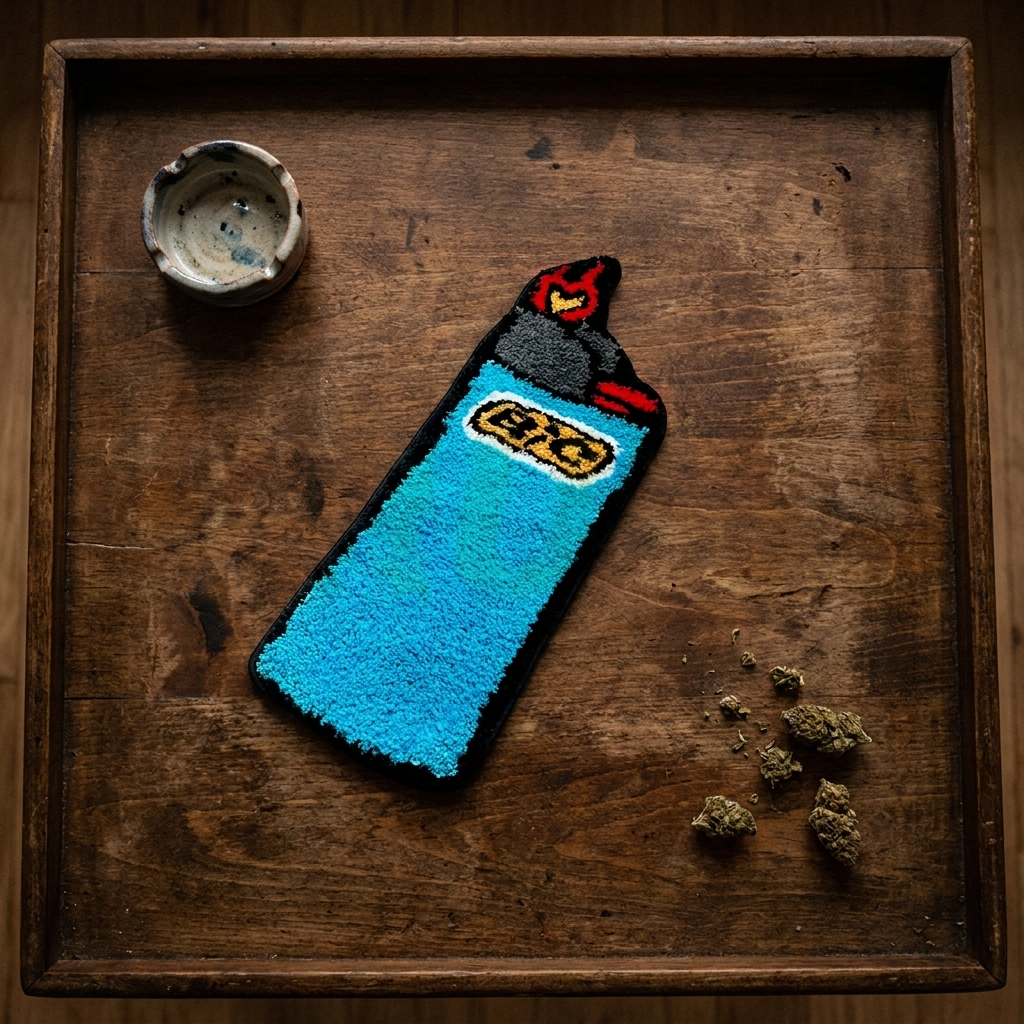 Blue BIC Rug with ashtray and herb buds