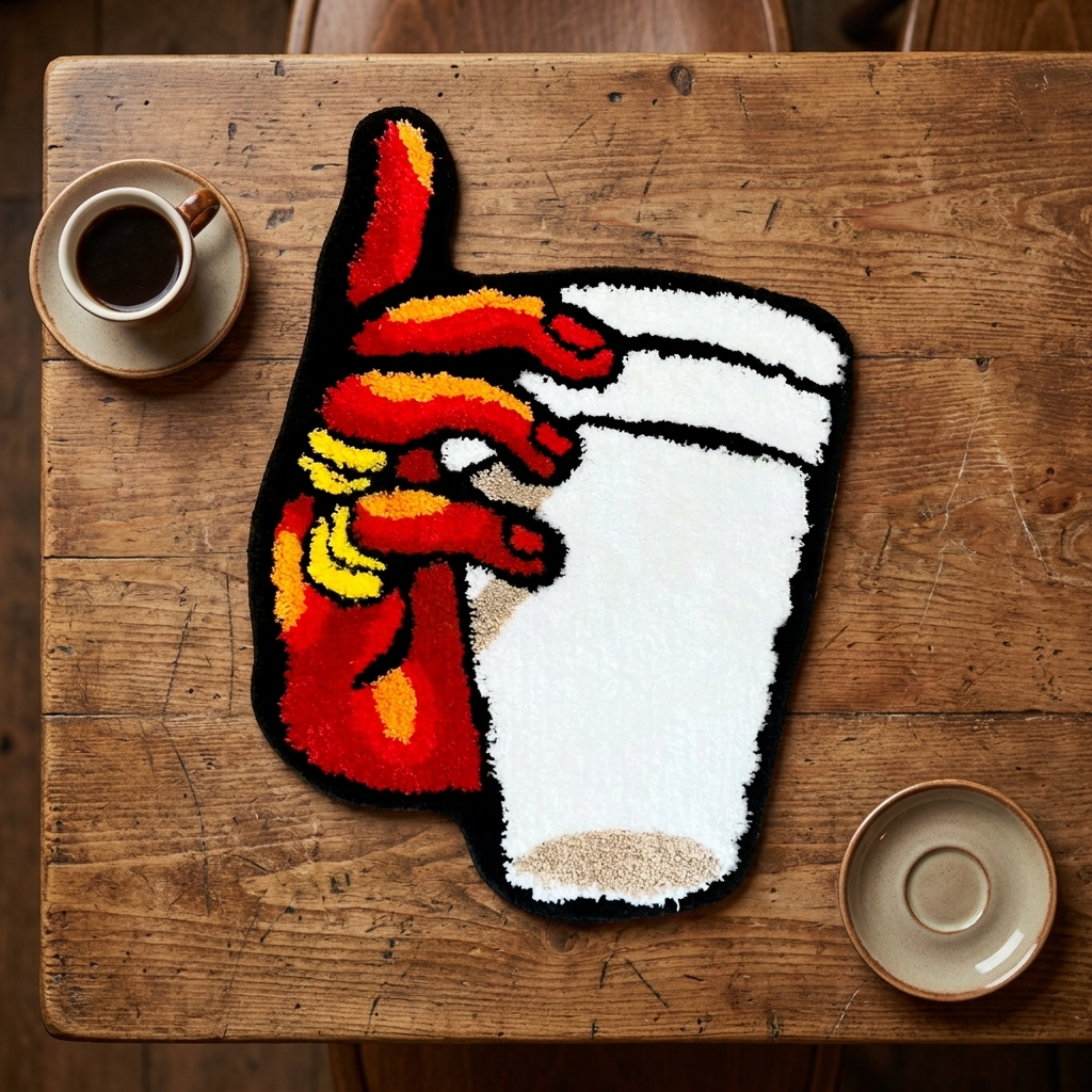 Holding Cup Rug on cafe table