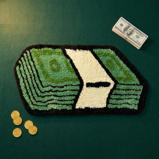 Money Trees Rug on cash-themed surface, styled