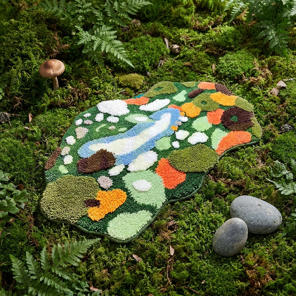 Mossy Mess Rug on moss forest floor, themed styling