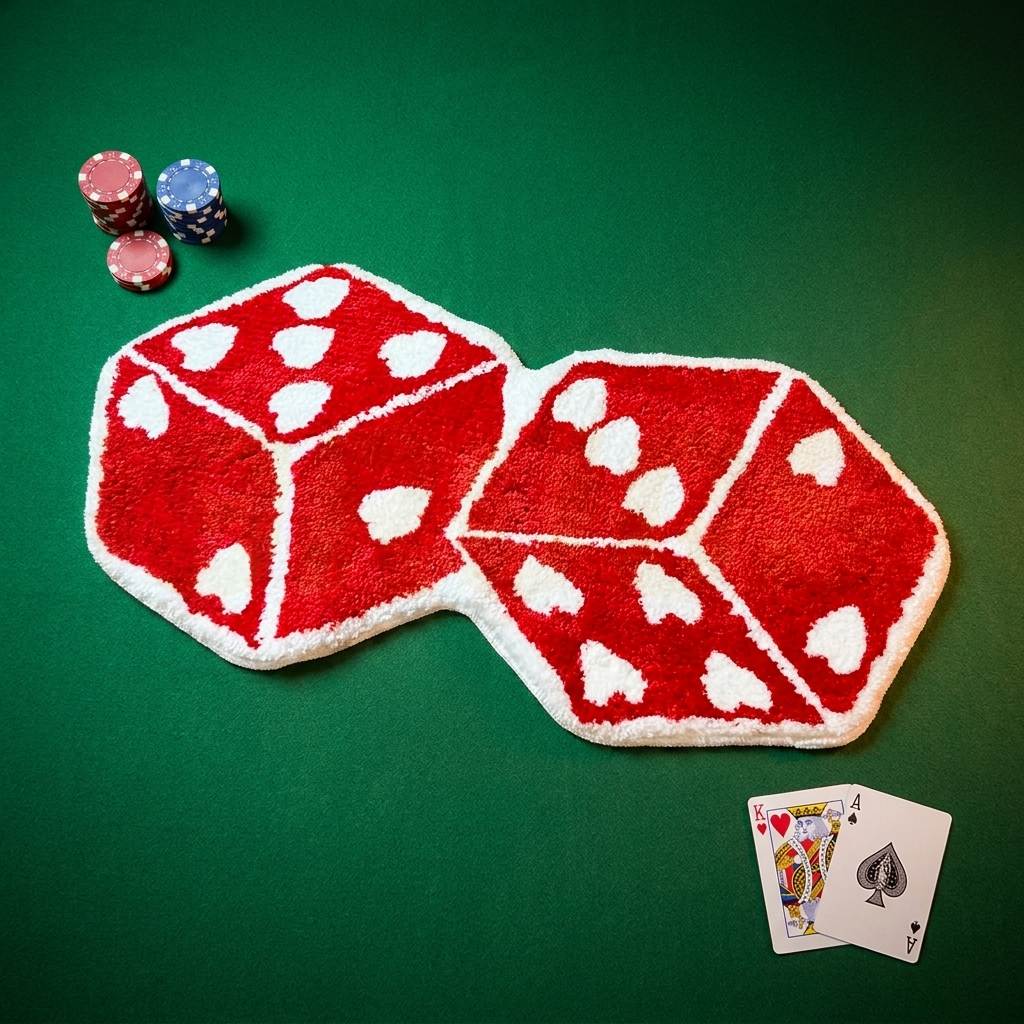 Red Dice Rug on casino felt table, themed styling