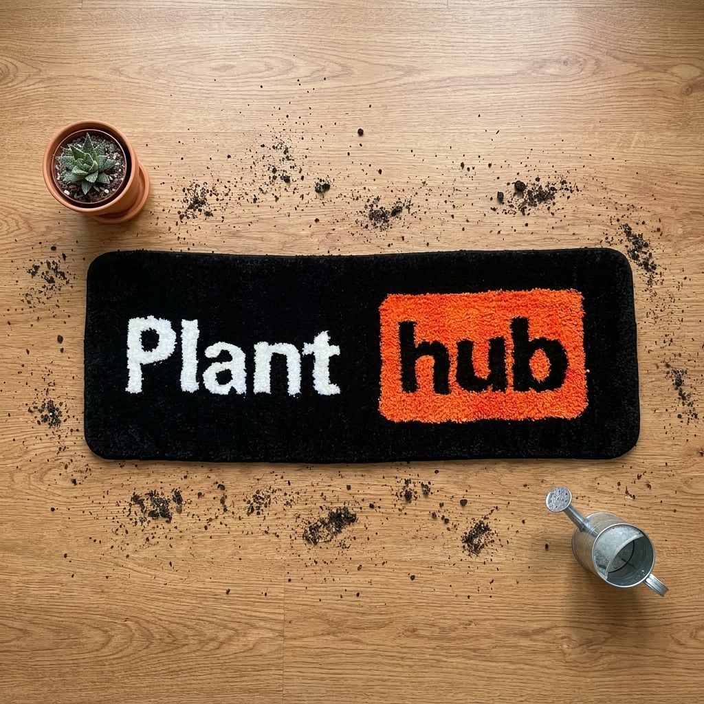 Plant Hub Rug on wooden surface with soil, themed styling