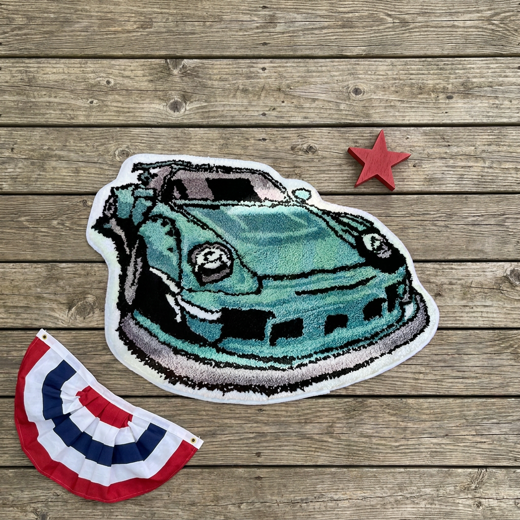 RWB Rug on wooden deck, patriotic themed styling